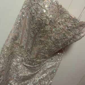 Camille La Vie Sequin Lace Dress in Silver and Cream